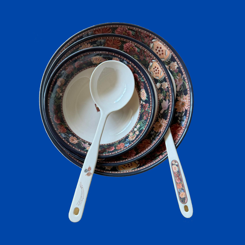 Melamine Bowl (Black & Print) With 1 Curry Spoon